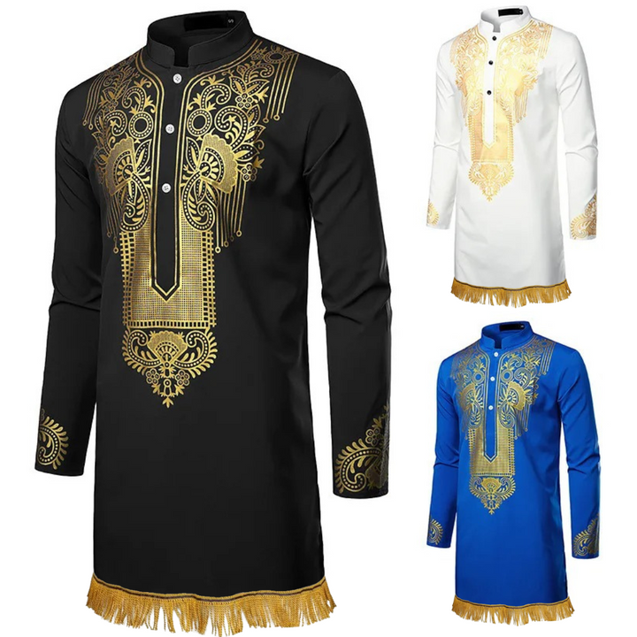 Gold Print Dashiki Shirt with Fringes