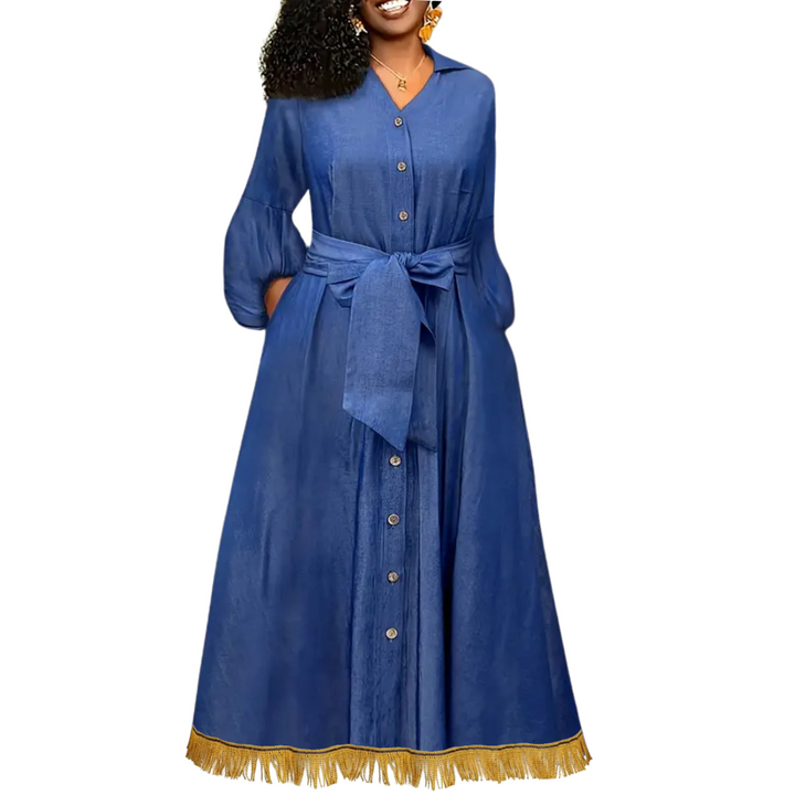 Light Denim V-Neck Belted Maxi Dress with Pockets