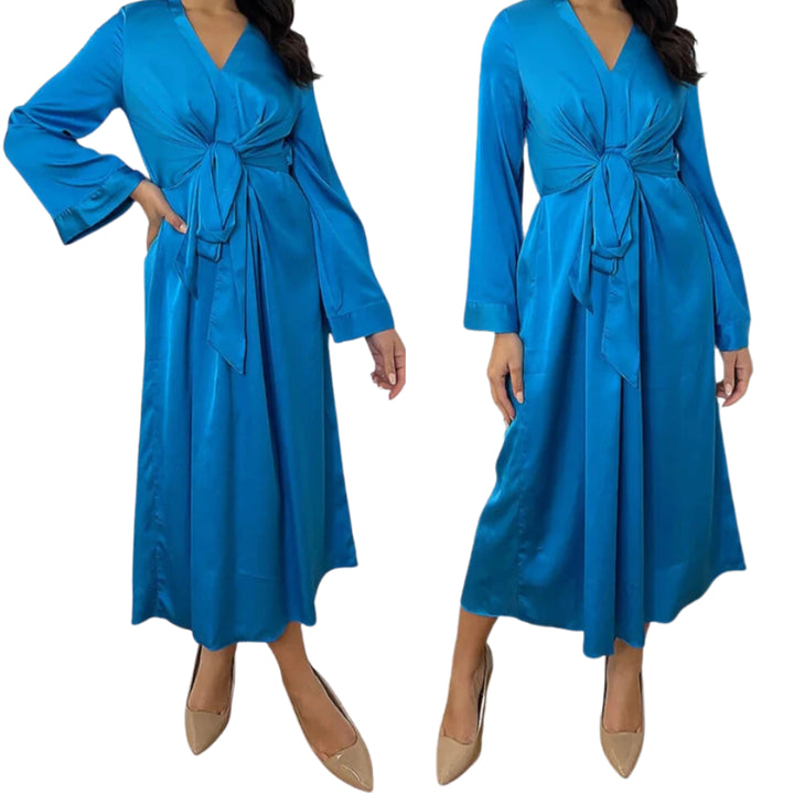 Blue Satin V-Neck Tie Waist Shirt Dress