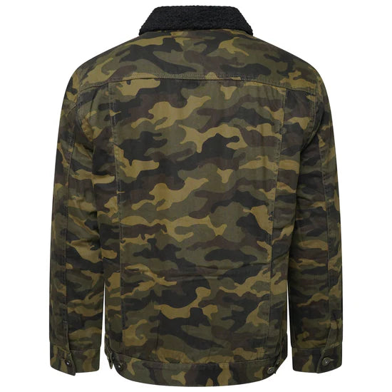 Camo Fleece Lined Denim Jacket with Fringes