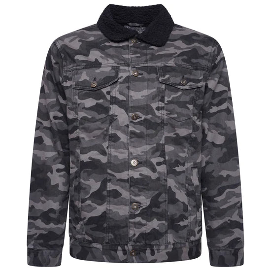 Camo Fleece Lined Denim Jacket with Fringes