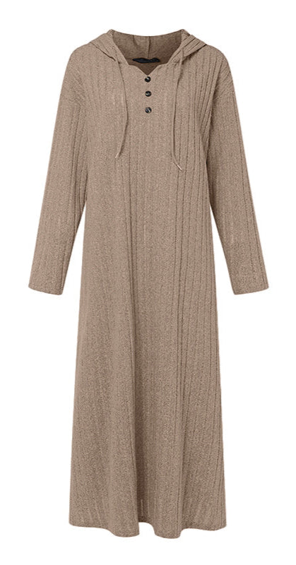 V Neck Knitted Button Front Hooded Dress