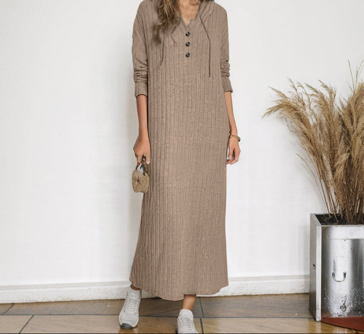 V Neck Knitted Button Front Hooded Dress